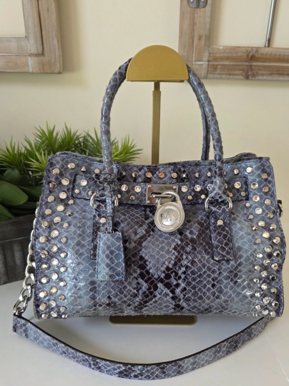 RARE FIND- Michael Kors SE Blue Python Embossed Leather Studded Satchel